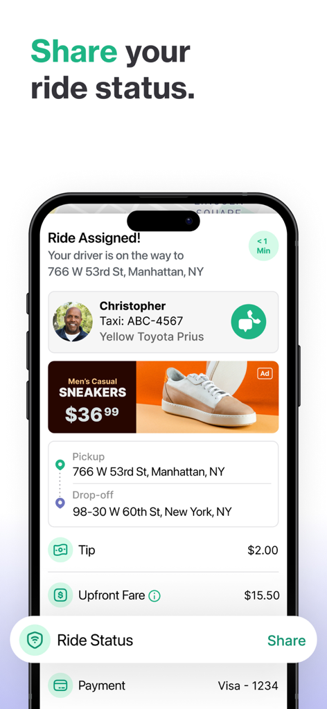 Interface do aplicativo Curb mostrando uma corrida de táxi atribuída com detalhes do motorista, local de embarque e um botão para compartilhar status