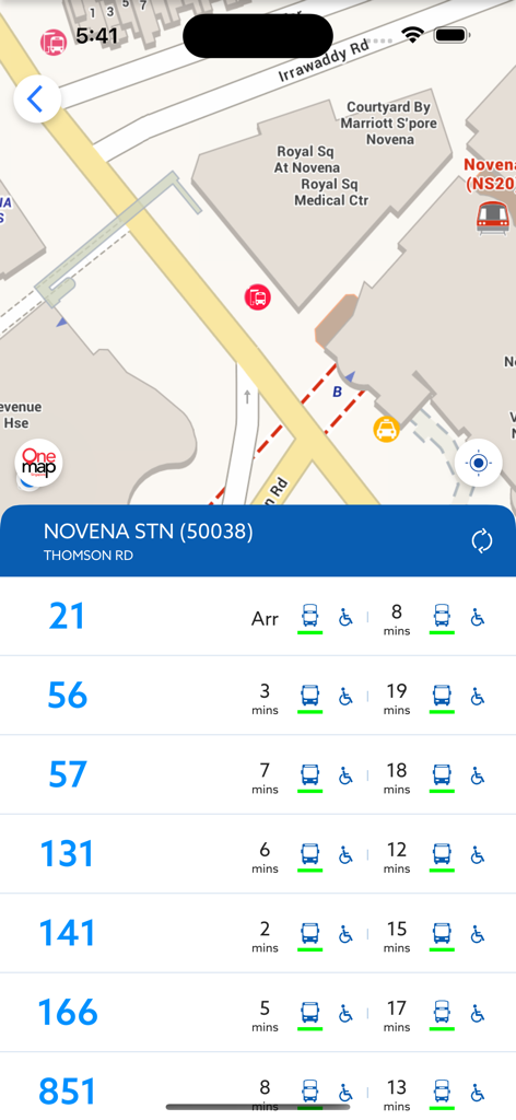 OneMap SG - Screenshot of OneMap SG app showing real-time bus arrival times and accessibility info for Novena Station in Singapore