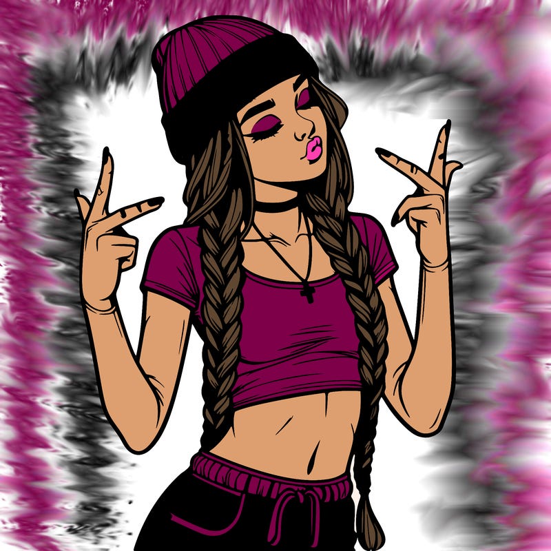 realistic teenage girl with braids and a beanie and crop top doing 🫶🏼