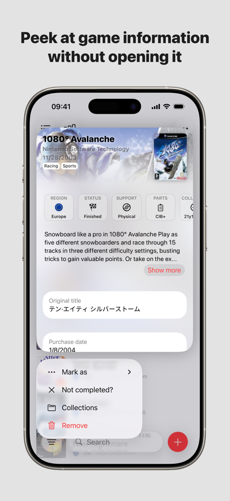 iPhone screenshot showing a quick preview window for a video game entry including region status and physical condition details