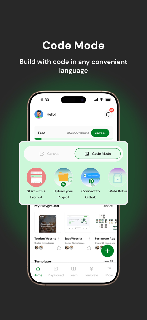 Interfaccia mobile AppForceStudio che mostra la funzione Modalità Codice con opzioni per iniziare con un prompt o connettersi a Github