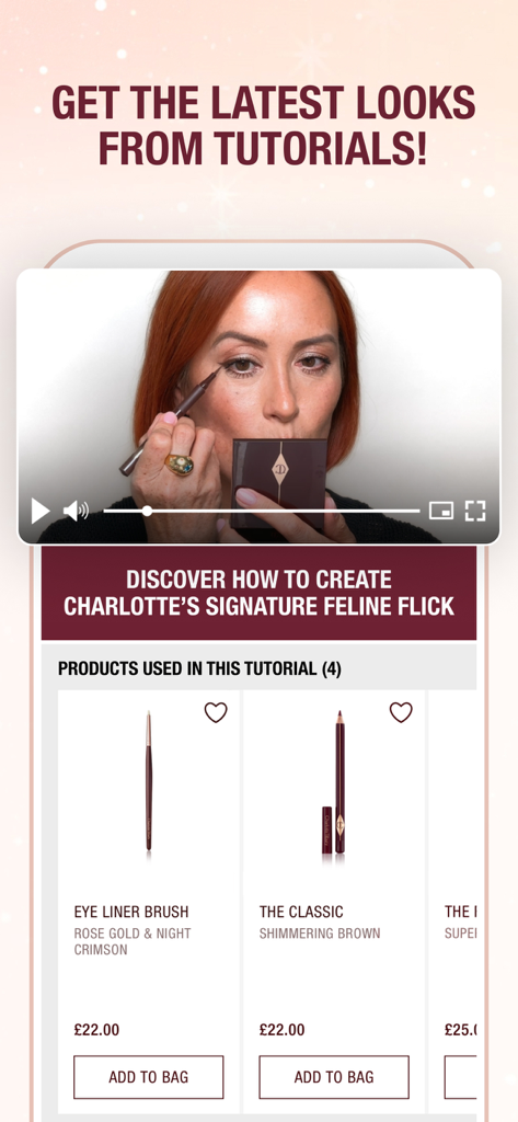 Écran de l'application Charlotte Tilbury présentant un tutoriel vidéo beauté shoppable pour créer un look eye-liner