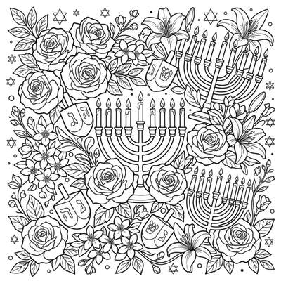 Immerse yourself in the beauty of Hanukkah with this captivating coloring page, blending traditional menorahs and dreidels with elegant floral designs. Discover intricate roses, lilies, and festive symbols, offering a unique and joyful coloring experience.