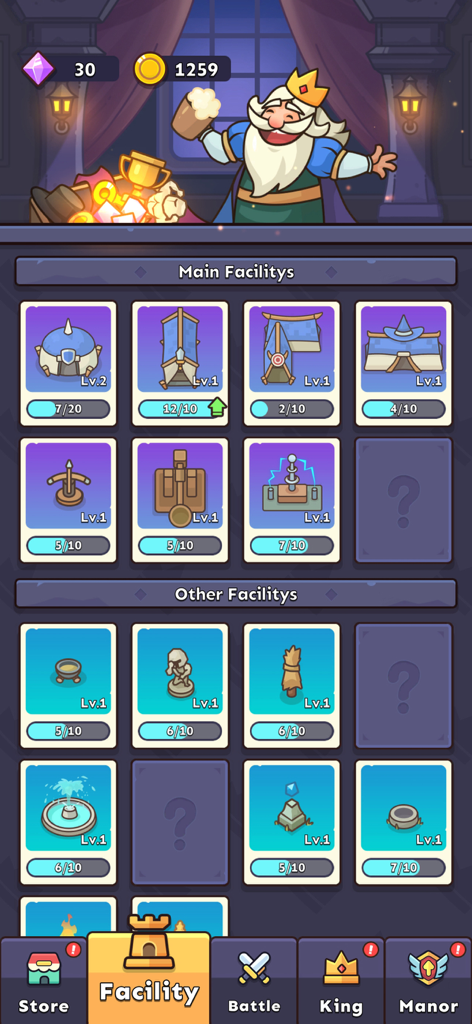 Fort Guardian mobile game facility menu showing a grid of defense buildings and traps with levels and upgrade progress bars.