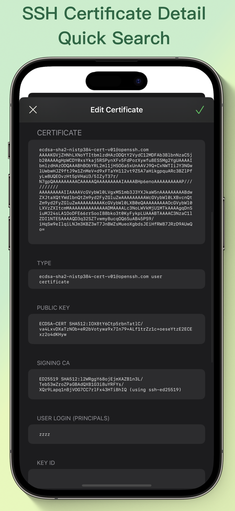 Mobile app screen for editing SSH certificate details including type public key and signing CA