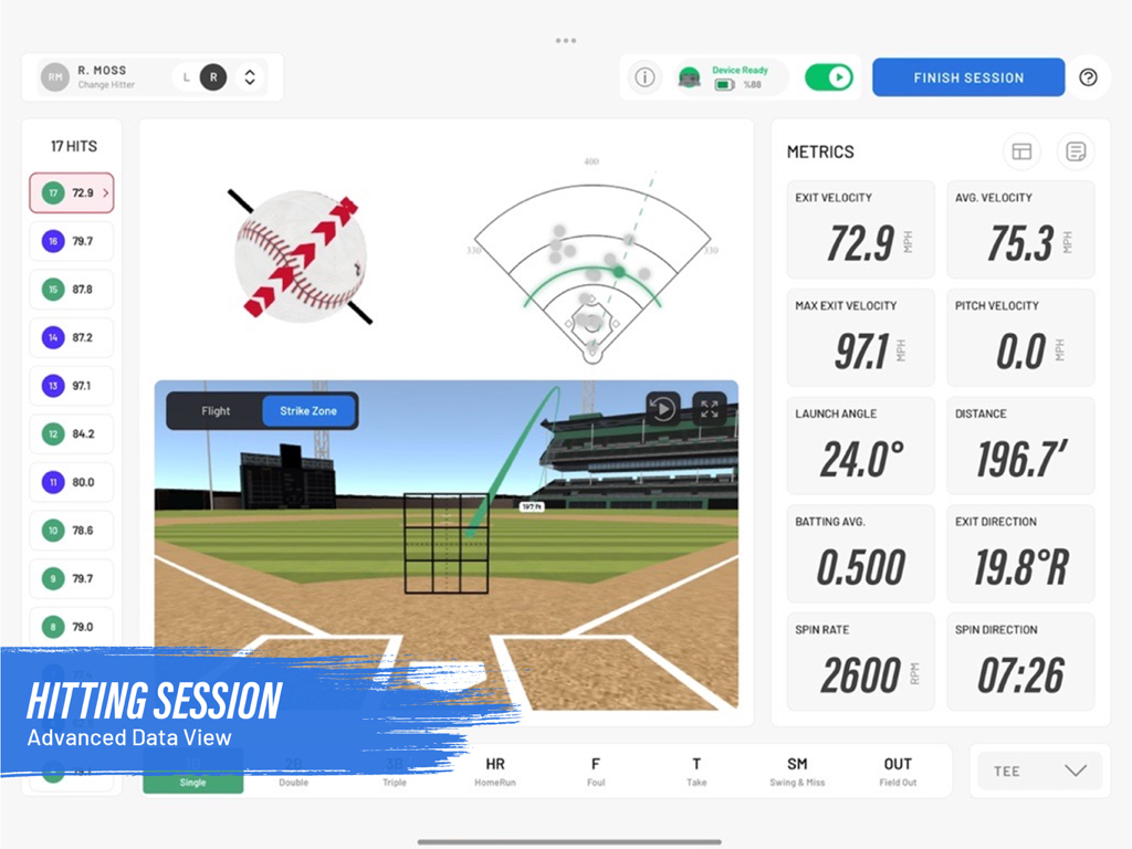 Advanced data view of a hitting session in the Rapsodo Baseball app showing exit velocity and launch angle metrics.