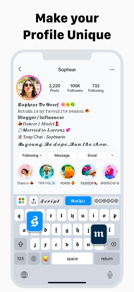 Keyboard Fonts & Emoji Maker - A smartphone displaying a social media profile with custom fonts in the bio and an active gothic style keyboard extension.