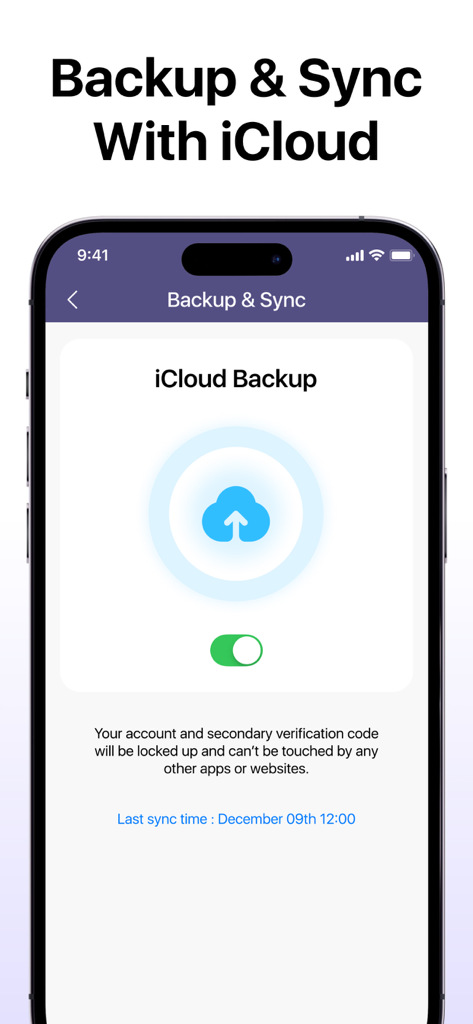 Captura de pantalla de la App de Autenticación que muestra la pantalla de configuración de copia de seguridad y sincronización de iCloud en un iPhone.