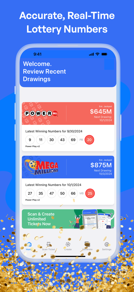 Scan Lottery Ticket Now - Interface de l'application Scan Lottery Ticket Now affichant les numéros gagnants et les jackpots du Powerball et du Mega Millions