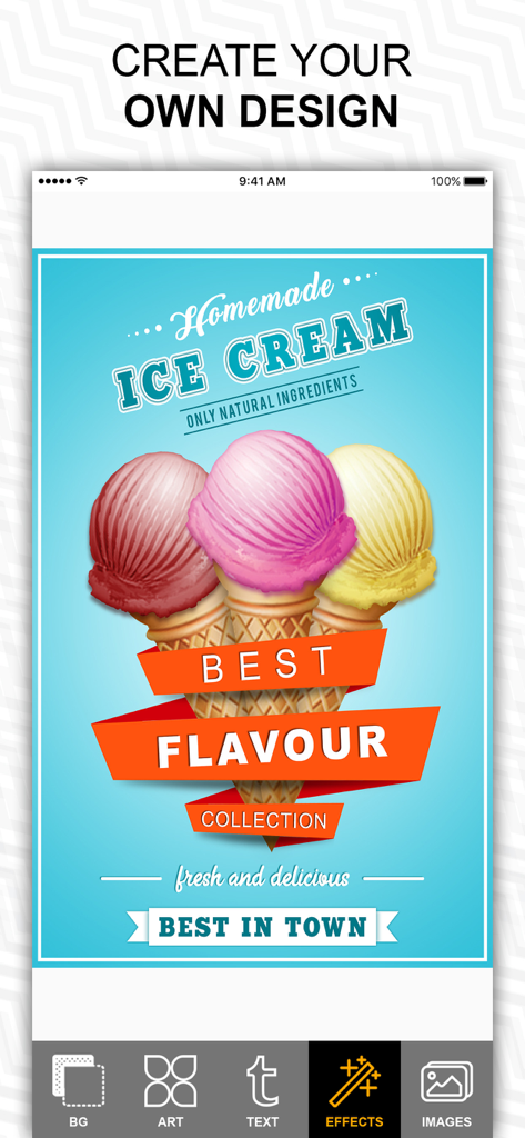 Fab Poster Maker Flyer Designs - Una interfaz de aplicación móvil que muestra un diseño de folleto personalizado para helado casero con tres coloridas bolas en conos y herramientas de edición en la parte inferior.