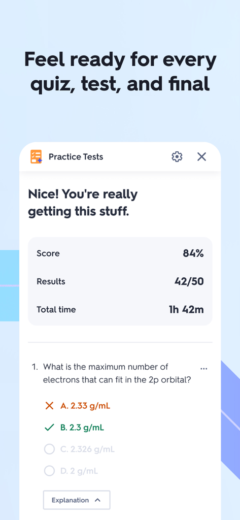 Capture d'écran de l'application Quizlet affichant un score de 84 % à un test d'entraînement et une question à choix multiples