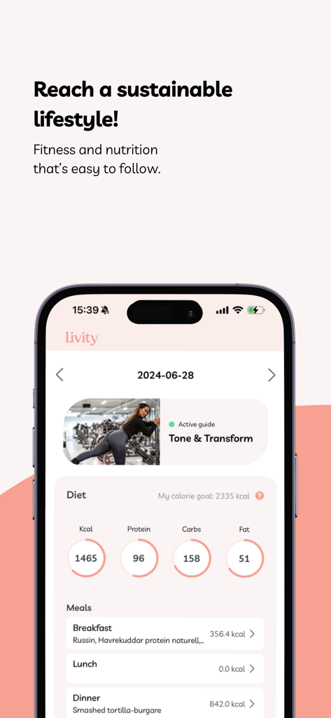 Livity - Interface de l'application Livity montrant un plan d'entraînement et un suivi quotidien des calories et des macronutriments