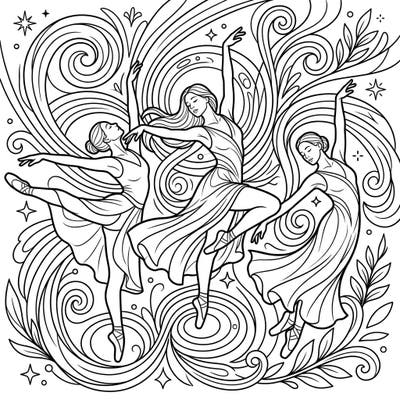 Capture the fluid beauty of contemporary dance with this exquisite coloring page featuring three elegant dancers. Immerse yourself in their graceful movements and the dynamic patterns surrounding them.