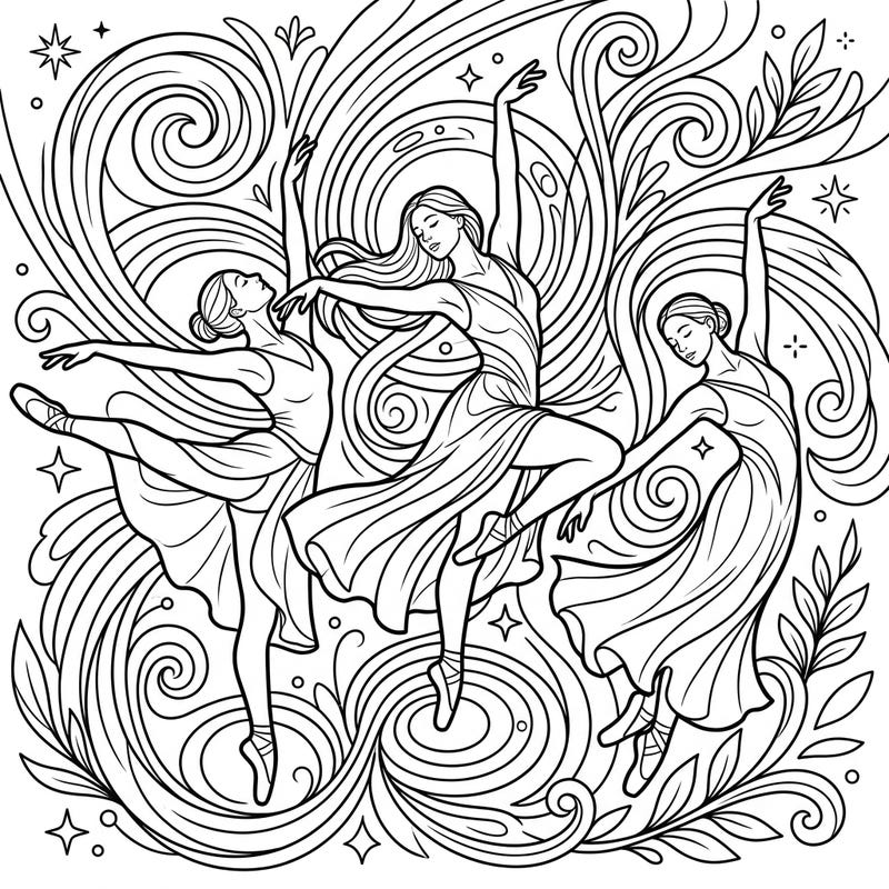 Capture the fluid beauty of contemporary dance with this exquisite coloring page featuring three elegant dancers. Immerse yourself in their graceful movements and the dynamic patterns surrounding them.