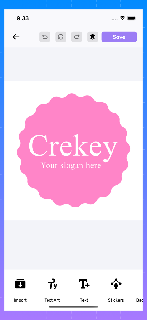 Une étiquette circulaire rose en cours de conception dans l'application Label Maker Print Master avec du texte et des outils d'édition.