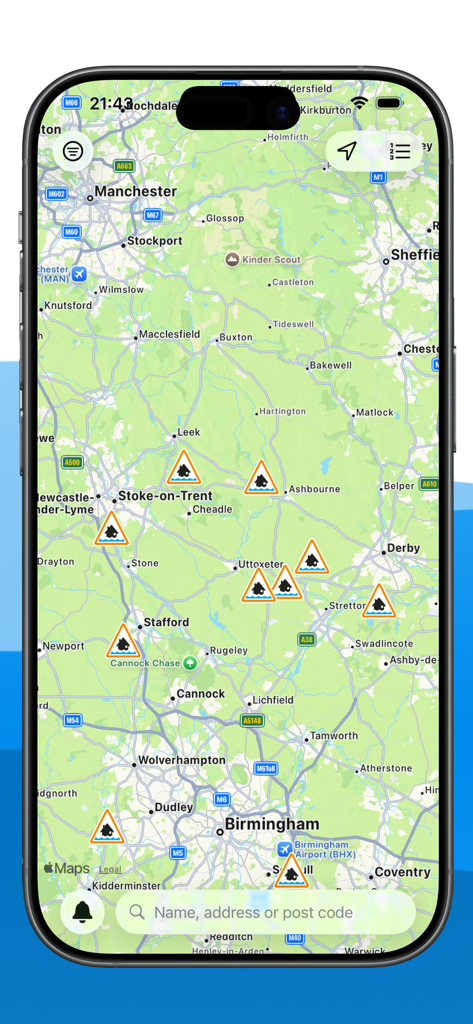 Flood Alert Watcher - Interactive map showing real-time flood alert icons across various UK regions on the Flood Alert Watcher app
