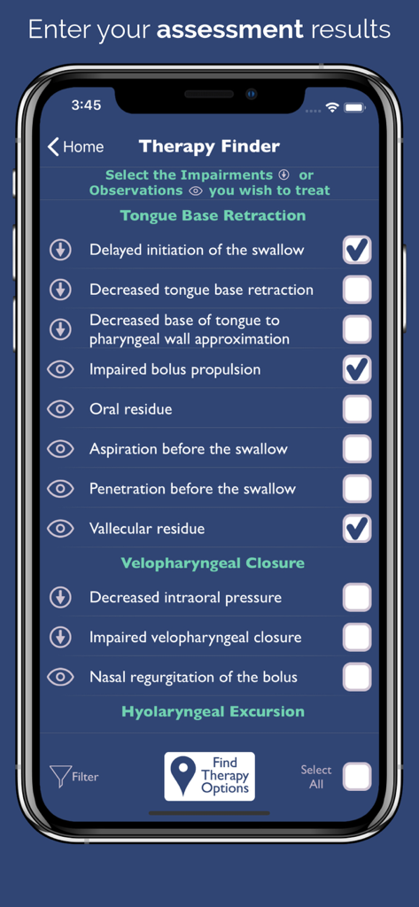 Dysphagia Therapy app screen showing the Therapy Finder checklist for swallowing impairments.