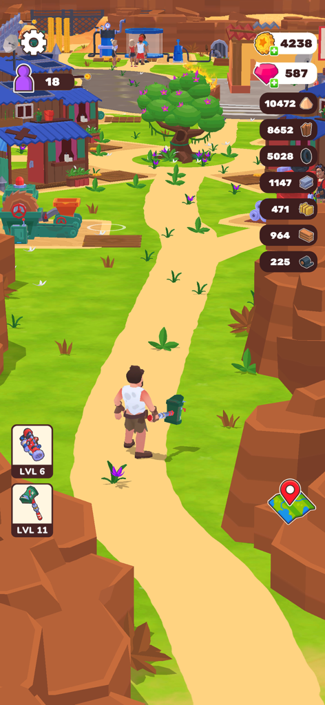 Um personagem do jogador explora um assentamento próspero no mundo pós-apocalíptico de Wasteland Life Survival Idle, mostrando gerenciamento de recursos e edifícios.