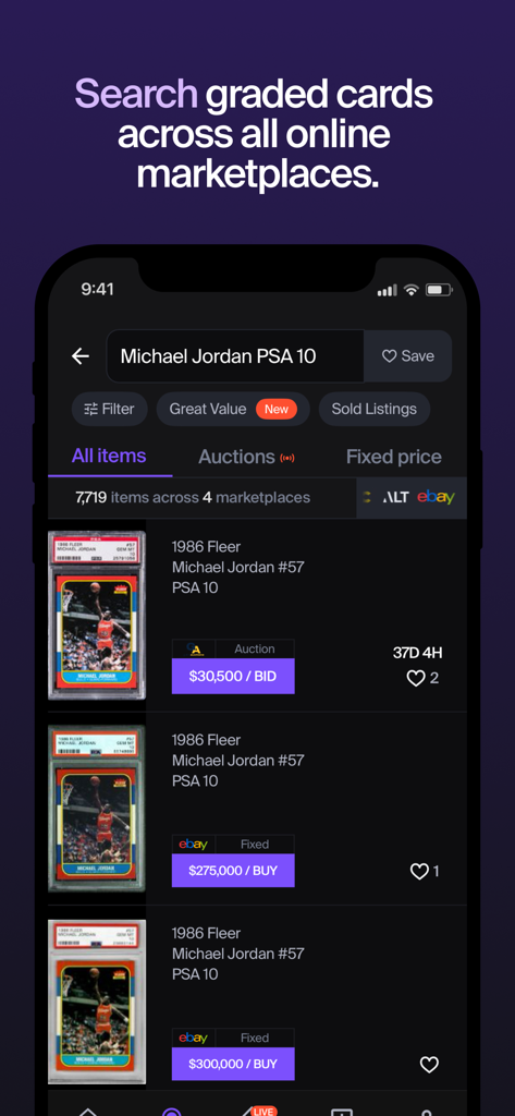 Alt: Buy & Sell Cards - Pantalla de la aplicación Alt que muestra los resultados de búsqueda de cromos graduados de Michael Jordan PSA 10 en múltiples mercados