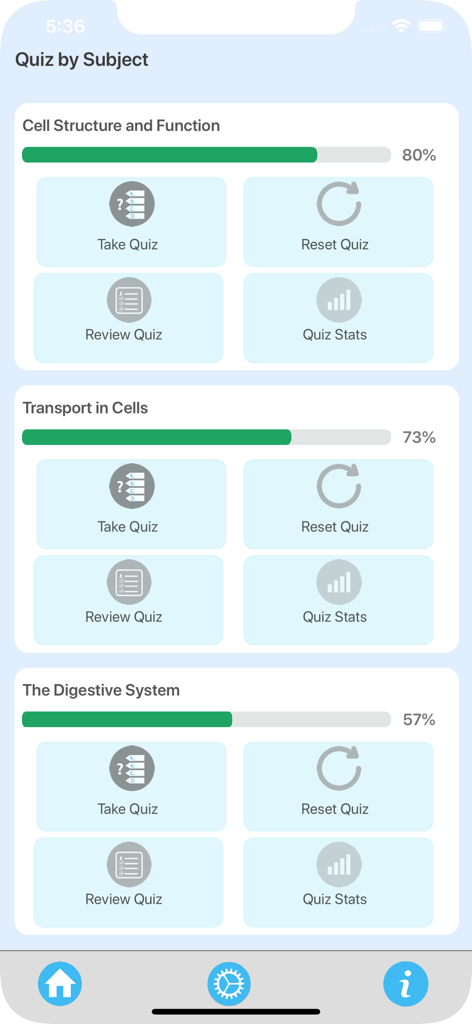 GCSE Biology Quiz Master - Dashboard of the GCSE Biology Quiz Master app showing progress bars and study options for topics like cell structure and the digestive system.