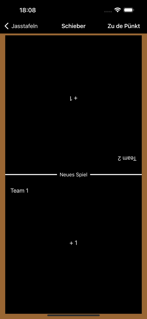 Jasstafeln app interface showing the score counter for the Schieber card game variant with sections for two teams
