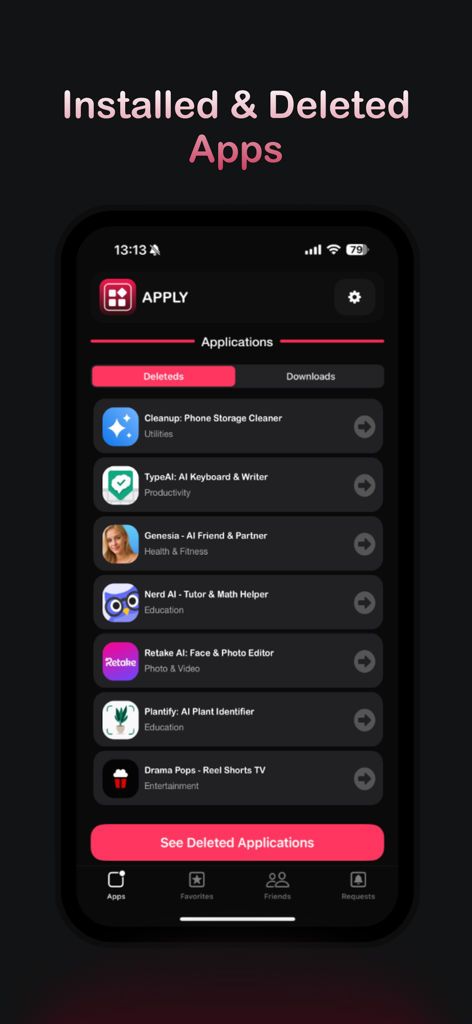 Apply: Recently Deleted Apps - Écran de smartphone affichant l'interface de l'application Apply avec une liste d'applications mobiles récemment supprimées