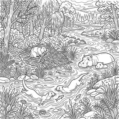 Embark on a captivating coloring journey into the heart of a vibrant river ecosystem. This detailed full scene features playful otters, a busy beaver, and serene hippos in their natural habitat, ready for your creative touch.