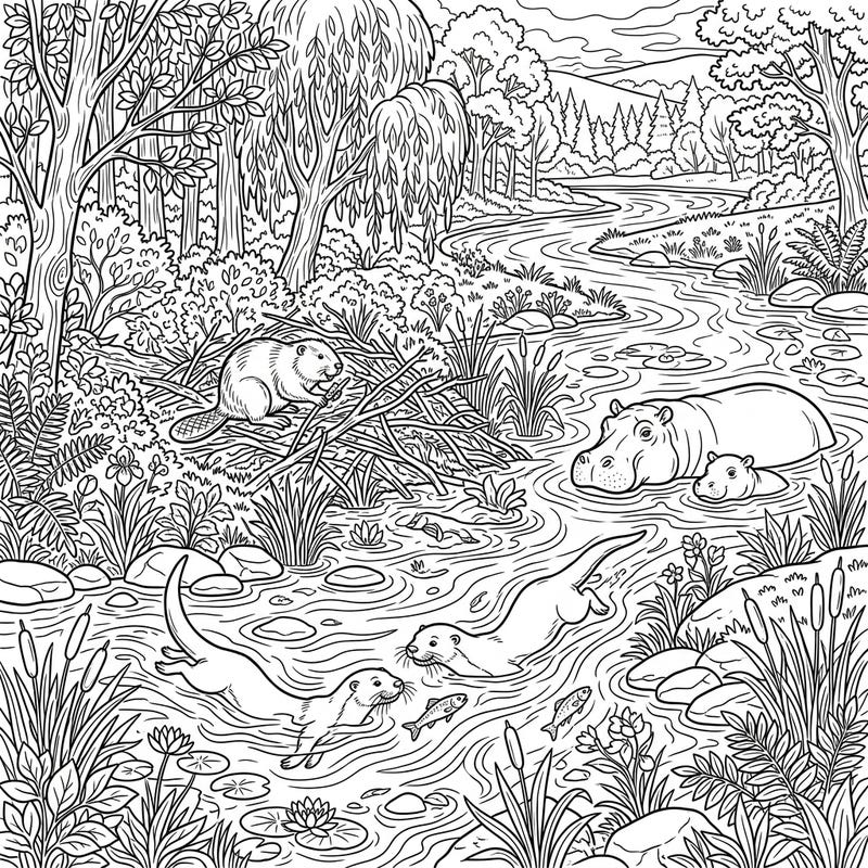 Embark on a captivating coloring journey into the heart of a vibrant river ecosystem. This detailed full scene features playful otters, a busy beaver, and serene hippos in their natural habitat, ready for your creative touch.
