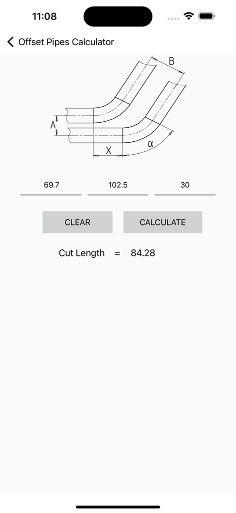 Interface of the Pipe Offset Calculator Pro app showing a technical pipe diagram and calculated cut length results.
