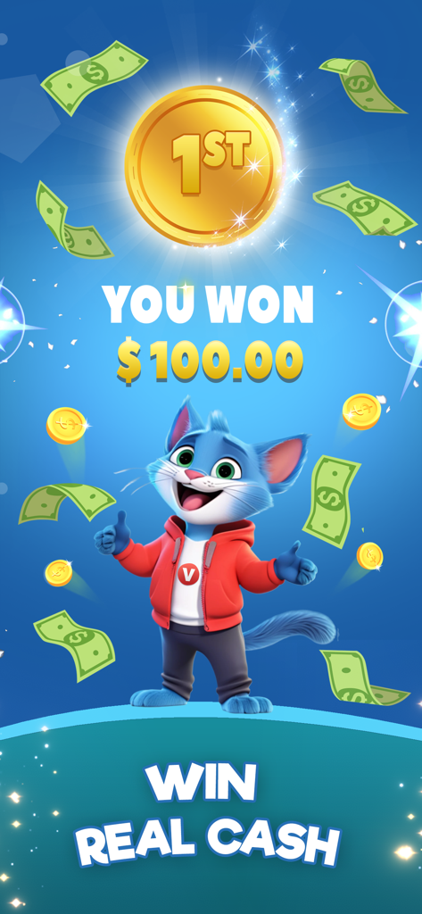 Bingo Win Cash Real Money Game - Cheerful blue cat celebrating a cash win in Bingo Win Cash Real Money Game