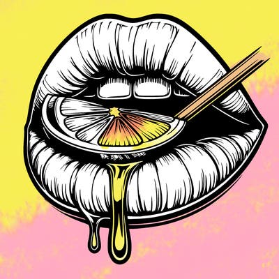 realistic lips with drip, taking a bite of a lemon slice