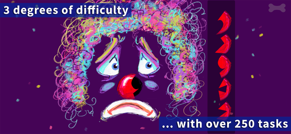 Lazuli 4+ - ラズリ 4プラスアプリ内の道化師の顔のパズルで、適応的な難易度レベルとタスクを示している