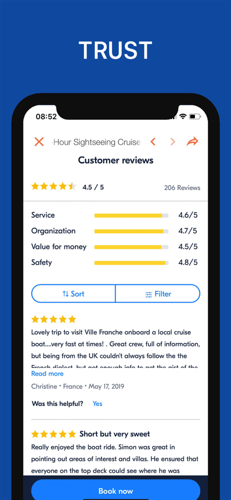 니스 여행 가이드 모바일 앱의 관광 크루즈 고객 리뷰 및 별점