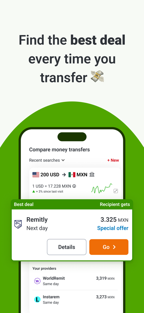 Monito: Money Transfer Deals - Interface of the Monito app comparing money transfer rates from USD to Mexican Pesos among different providers like Remitly and WorldRemit