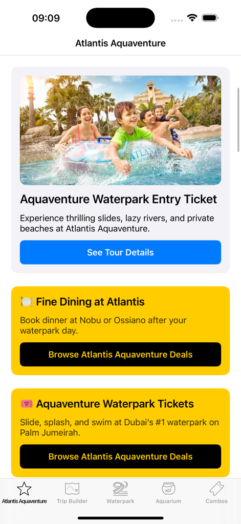 Interfaccia dell'app Atlantis Aquaventure che mostra opzioni per i biglietti d'ingresso al parco acquatico e prenotazioni per ristoranti di lusso.
