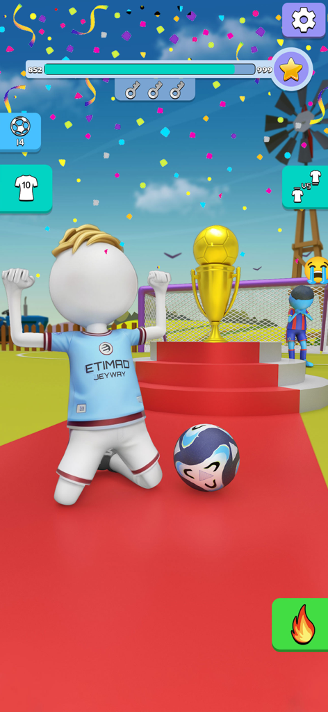 Cartoon soccer player celebrating a victory with a golden trophy and falling confetti on a red carpet