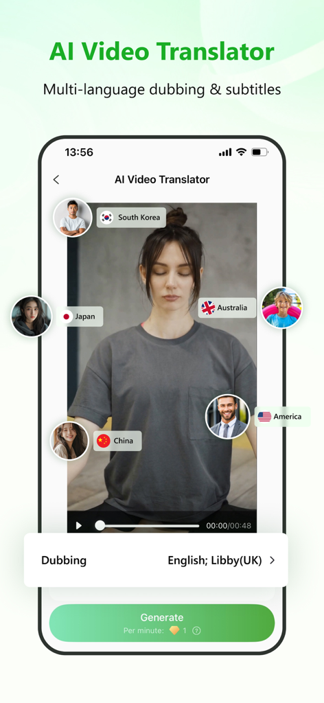 RecCloud - AI Speech to Text - Captura de pantalla de la aplicación móvil RecCloud que muestra la función de traductor de vídeo IA con opciones de doblaje y subtítulos multilingües