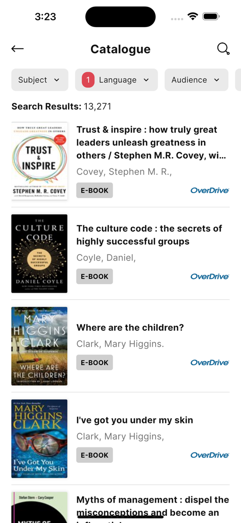 Qatar National Library - Catalogue search results in the Qatar National Library app showing ebook listings and filters