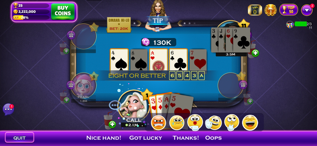 Omaha Poker™- Unlimited Play - A gameplay screenshot of Omaha Poker showing a Hi-Lo table with community cards and player avatars.