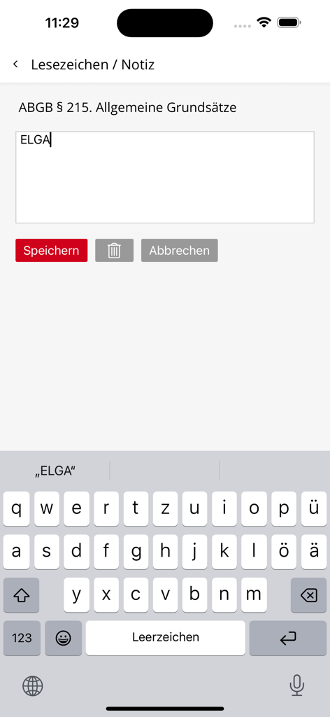 KODEX - Interface of the KODEX app showing a note being created for a specific section of the Austrian Civil Code