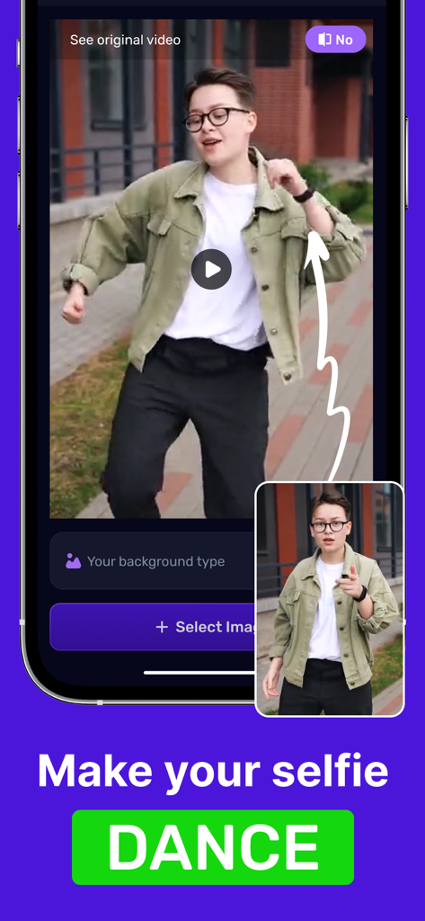 Interface of the AI Dance Video app showing a static selfie being transformed into a dancing video.