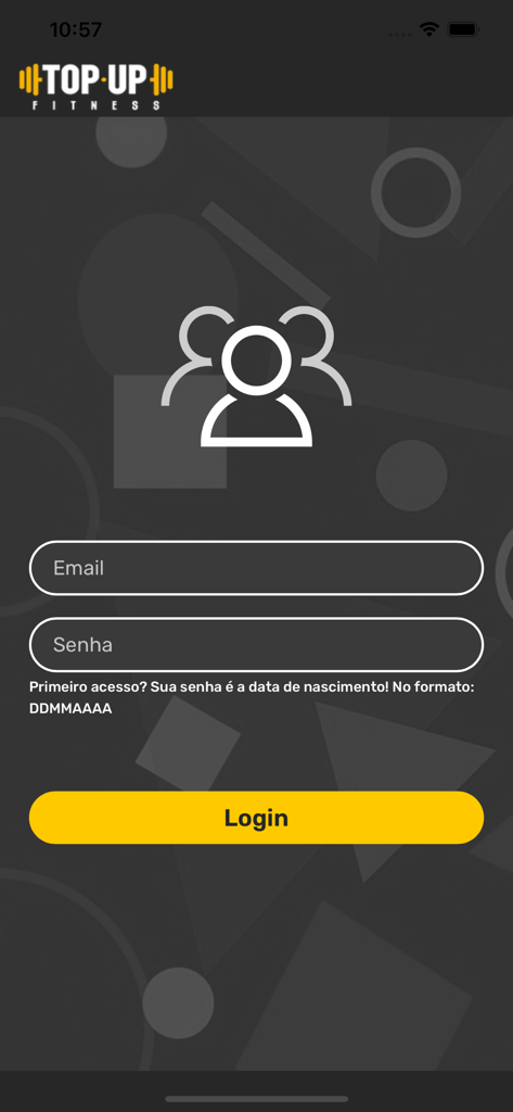 TOP UP ACADEMIA - Pantalla de inicio de sesión de la aplicación móvil Top Up Fitness con campos para correo electrónico y contraseña.