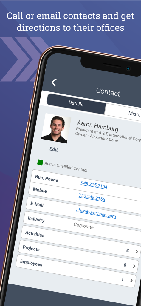 Deltek CRM for Vantagepoint - Smartphone screen showing the contact details page within the Deltek CRM for Vantagepoint mobile application