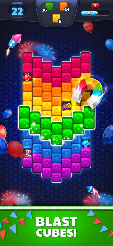 Cubes Empire Champions - A vibrant puzzle board with colorful blocks and power-up boosters in Cubes Empire Champions