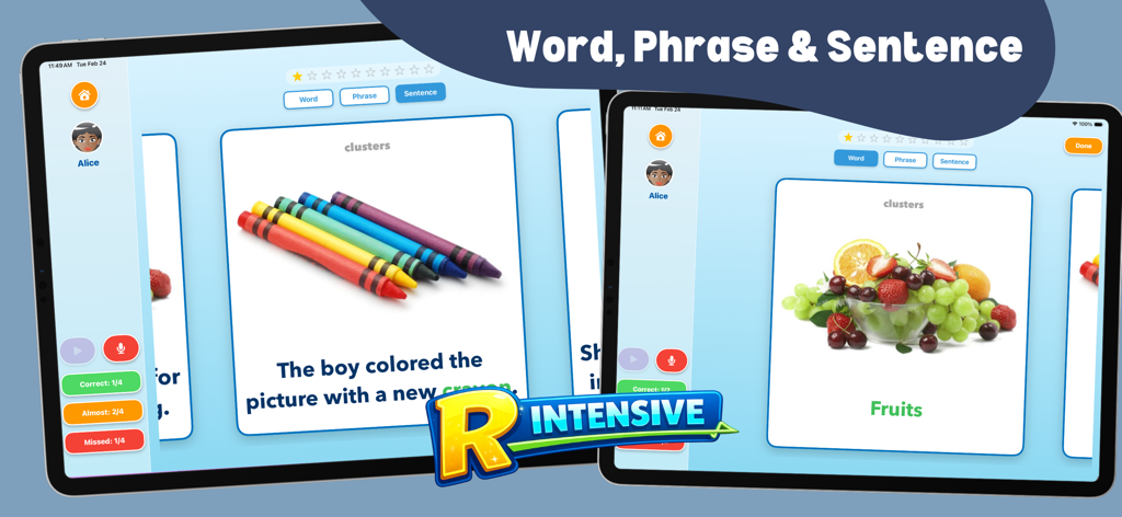 R Intensive Pro app interface displaying speech therapy flashcards for word and sentence practice on an iPad.