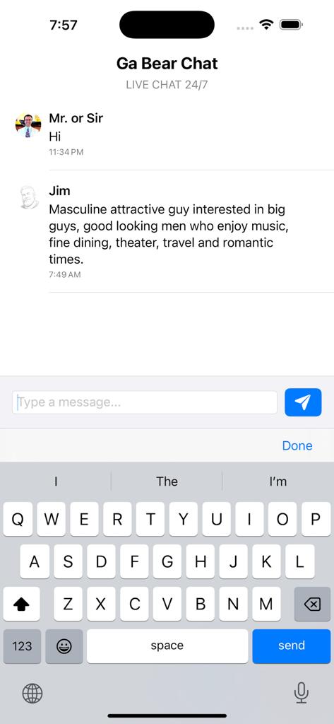 Gay Bear Chat - Gay Bear Chat live chatroom interface showing user messages and mobile keyboard