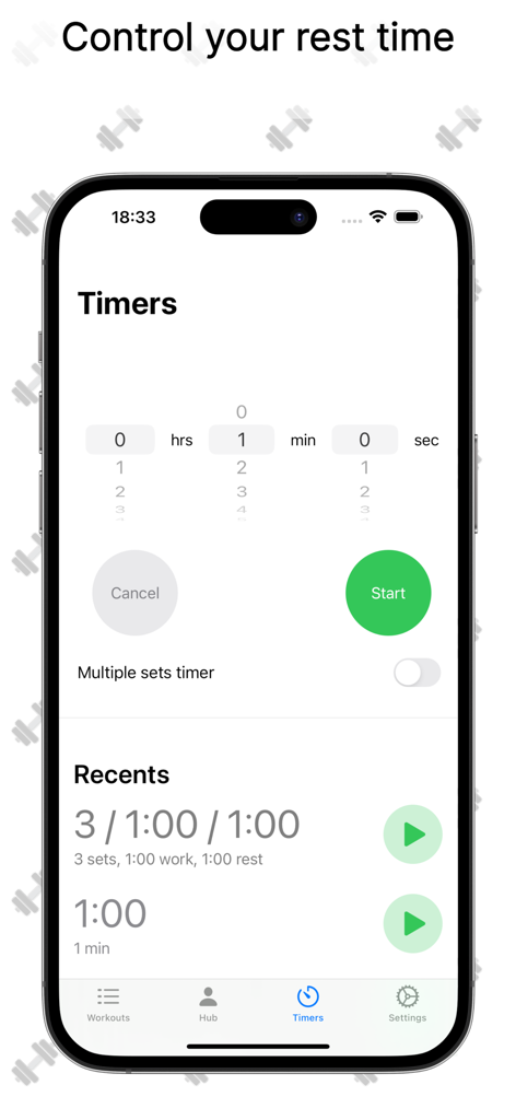Workouts Gym Diary - Interface of the Workouts Gym Diary app showing the rest time control screen with a timer and history