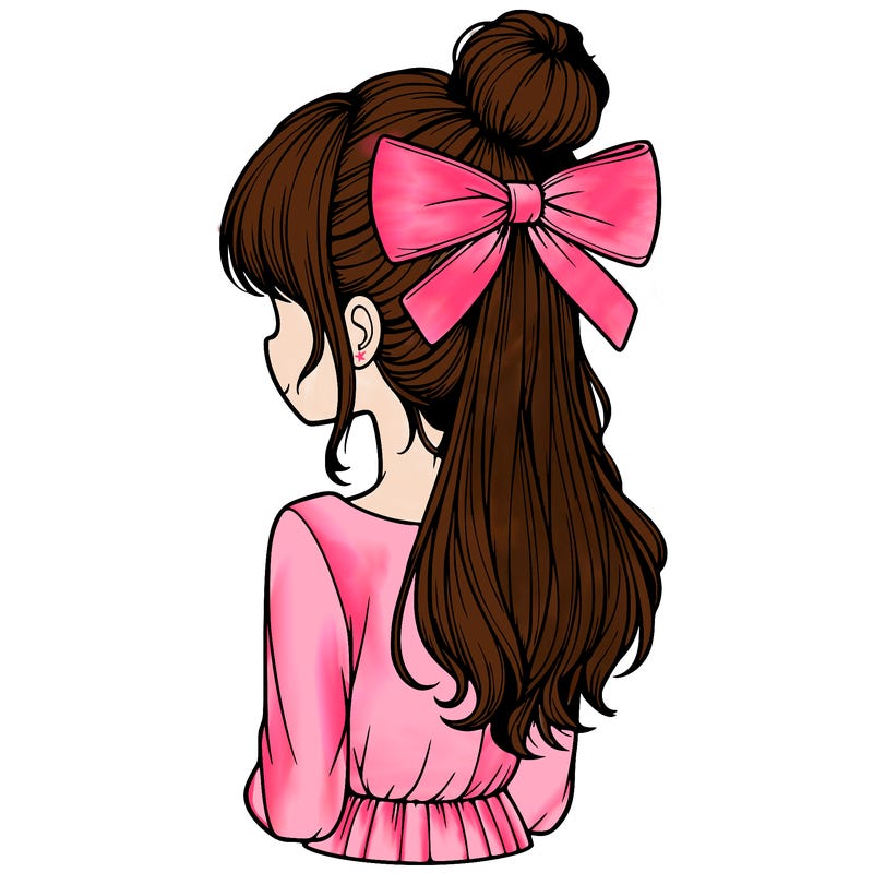 realistic girl  with hip length hair a bun and a big bow on the back of head