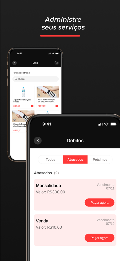 Bjj Control - Alunos - Interface do aplicativo BJJ Control mostrando a loja online de equipamentos e a tela de gerenciamento de pagamentos para mensalidades da academia