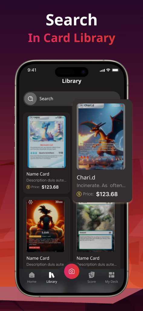 TCG Card Identifier Value - Trading card library search screen showing card prices and collection